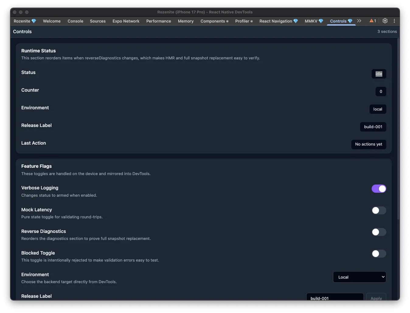 The Controls panel in React Native DevTools