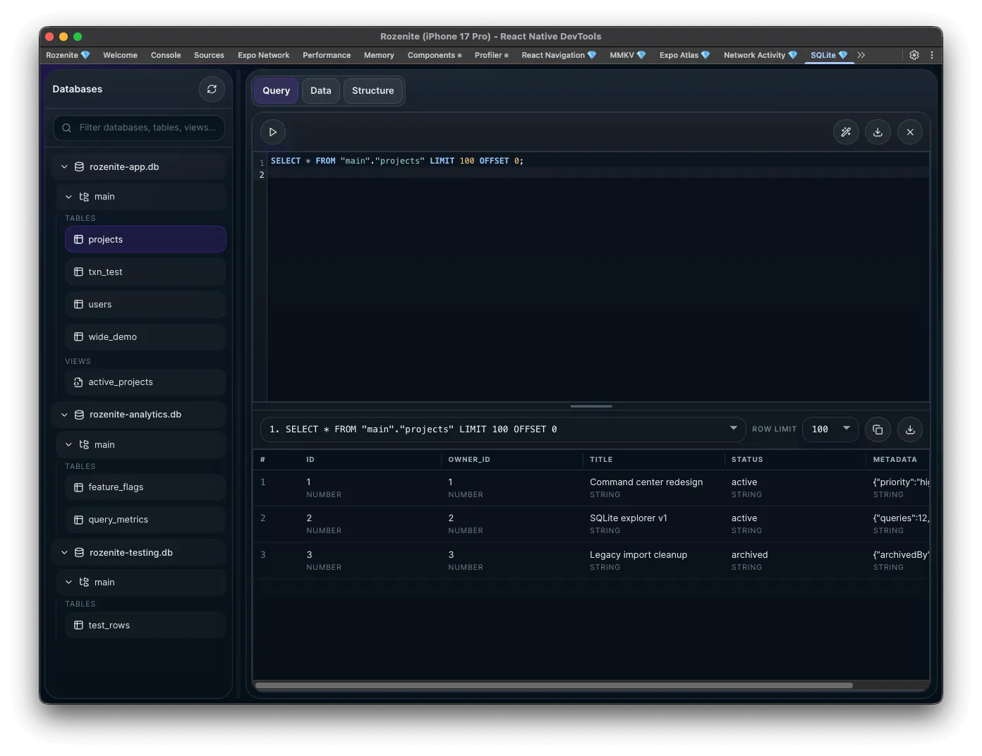 The SQLite panel in React Native DevTools